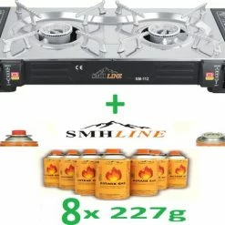 SMH LINE® - Dubbele Campingland -Portable GAS Stove - 2-Pits - RVS - Camping Kooktoestel - Kookbrander - -Gasbranders- Kookstel- Draagbaar Gasfornuis- INCLUSIEF 8x Gasflessen