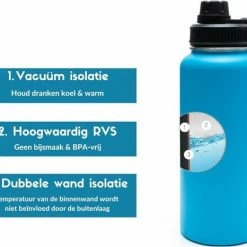 Quality Needz Drinkfles - Aqua Blue - 1 Liter - Extra Dop Met Rietje & Drinktuit - Waterfles Met Rietje - Isoleerfles - BPA Vrij - Lekvrij -Isoproducts Gecertificeerd winkel 550x466 2