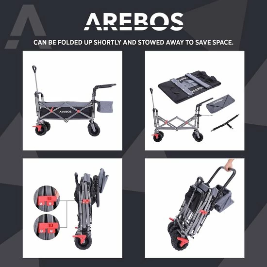 AREBOS Luxe Bolderkar Met Kap - Opvouwbare Handkar - Trolley Rood-grijs 11 AREBOS Luxe Bolderkar Met Kap - Opvouwbare Handkar - Trolley Rood-grijs - Afbeelding 9