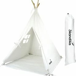 Skandika Tipi Tent Kinderen – Tipi Speeltent Voor Kinderen – Met Gewattteerde Vloermat – Kleine Raam - Katoen – Inclusief Opbergtas – 150 Cm Stahoogte – 115x115x152 Cm (LxBxH) – Kindertent Voor Kinderkamer – Binnen En Buiten – Camping, Tuin – Wit